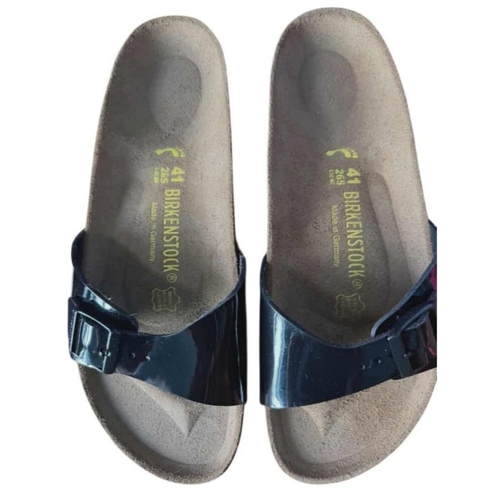 Birkenstock Madrid Black Patent Slide Sandals | Women’s 41 (10–10.5) | Sleek Glo